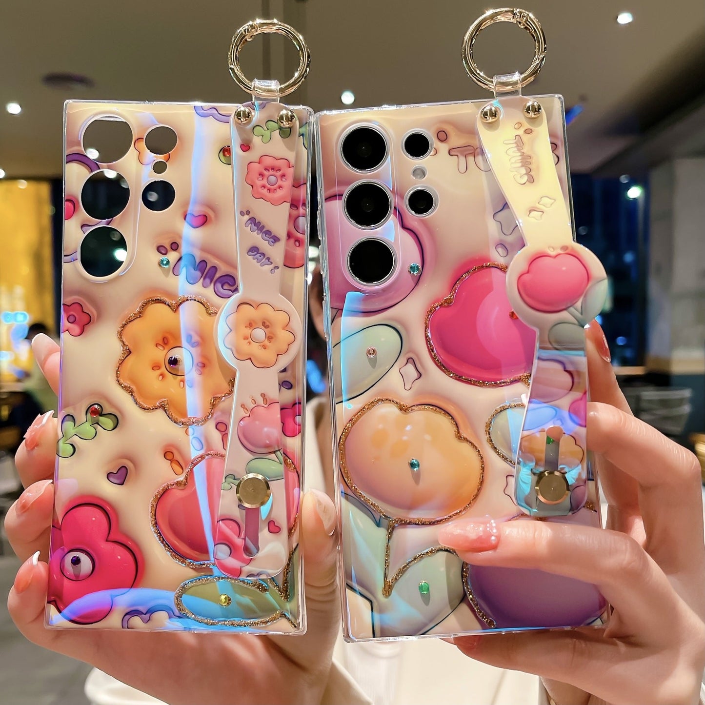 Glitter Blue Light 3D Tulips Case For Galaxy S25 S24 S23 S22 S21 Ultra Plus Soft Silicone With Wrist Strap Support Stand Shell